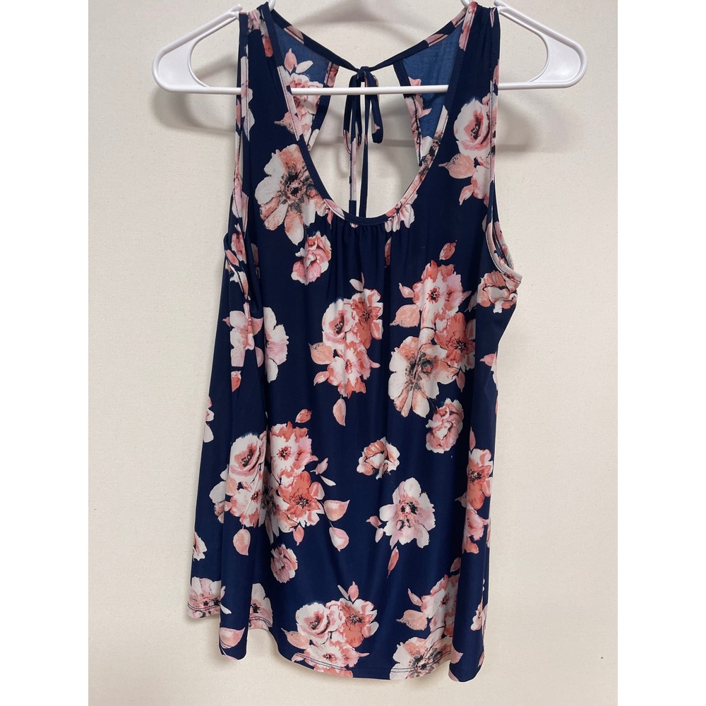 Agenda Navy Blue Pink Floral Sleeveless Tie Back Keyhole Tank Top Large